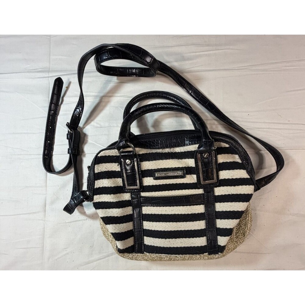 DANA BUCHMAN Black White Canvas Tote Shoulder Bag Leather Trim A9